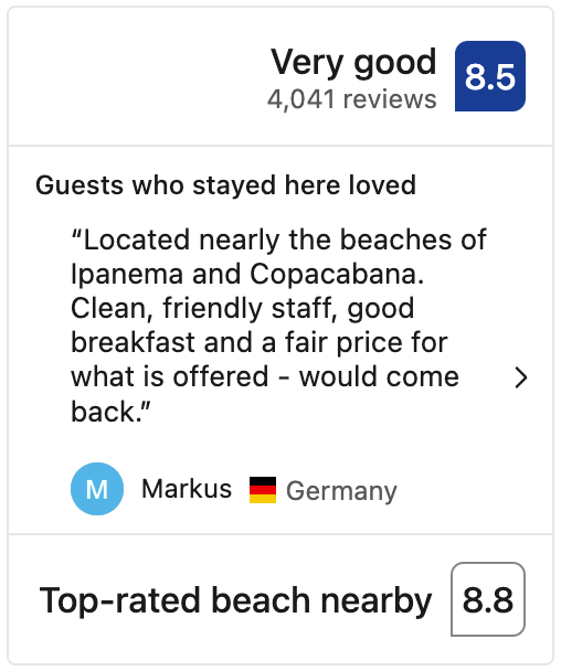 Located nearly the beaches of Ipanema and Copacabana. Clean, friendly staff, good breakfast and a fair price for what is offered - would come back.