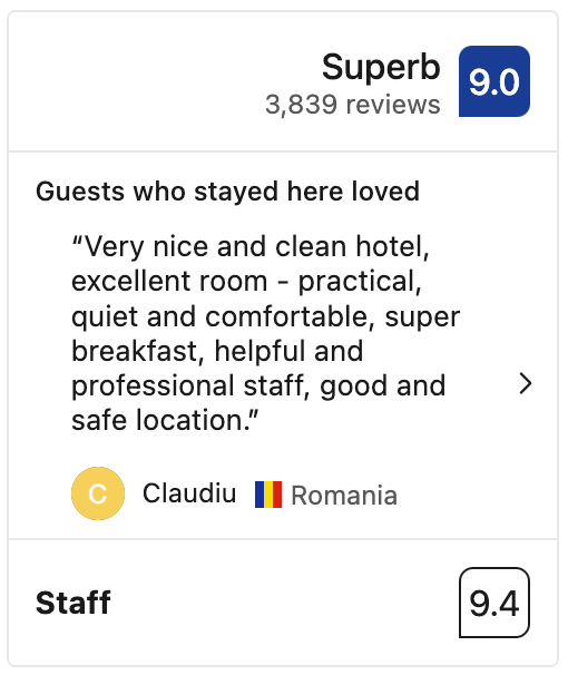 Very nice and clean hotel, excellent room - practical, quiet and comfortable, super breakfast, helpful and professional staff, good and safe location.