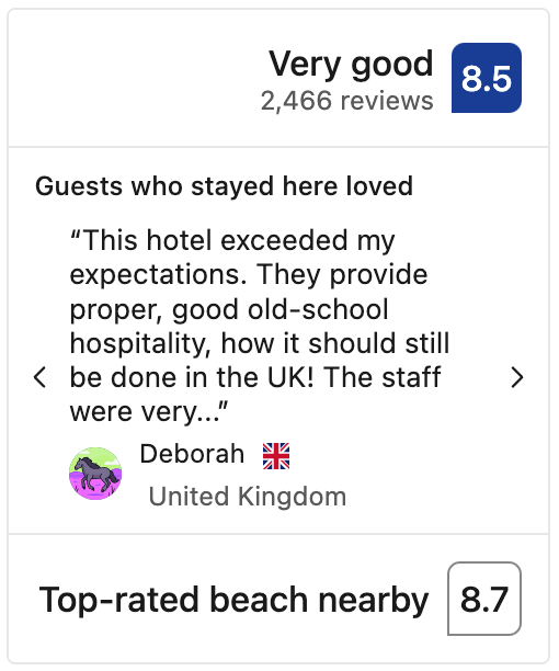 This hotel exceeded my expectations. They provide proper, good old-school hospitality, how it should still be done in the UK! The staff were very